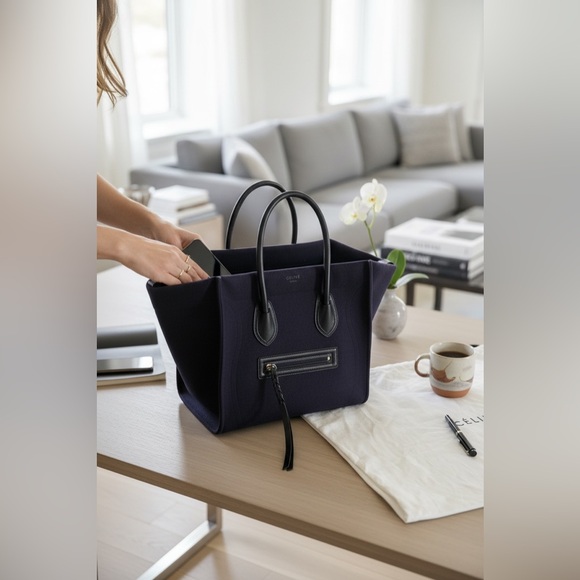 Celine Phantom Luggage Tote Navy Felt Black Leather Bag - Picture 10 of 12